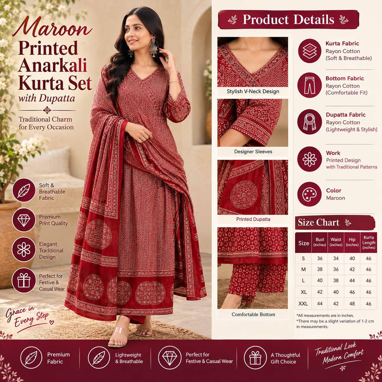 Maroon Printed Anarkali Kurta Set with Dupatta