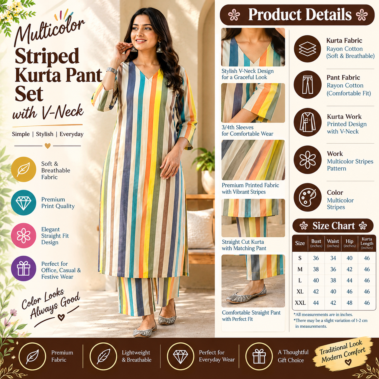 Multicolor Striped Straight Kurta Pant Set