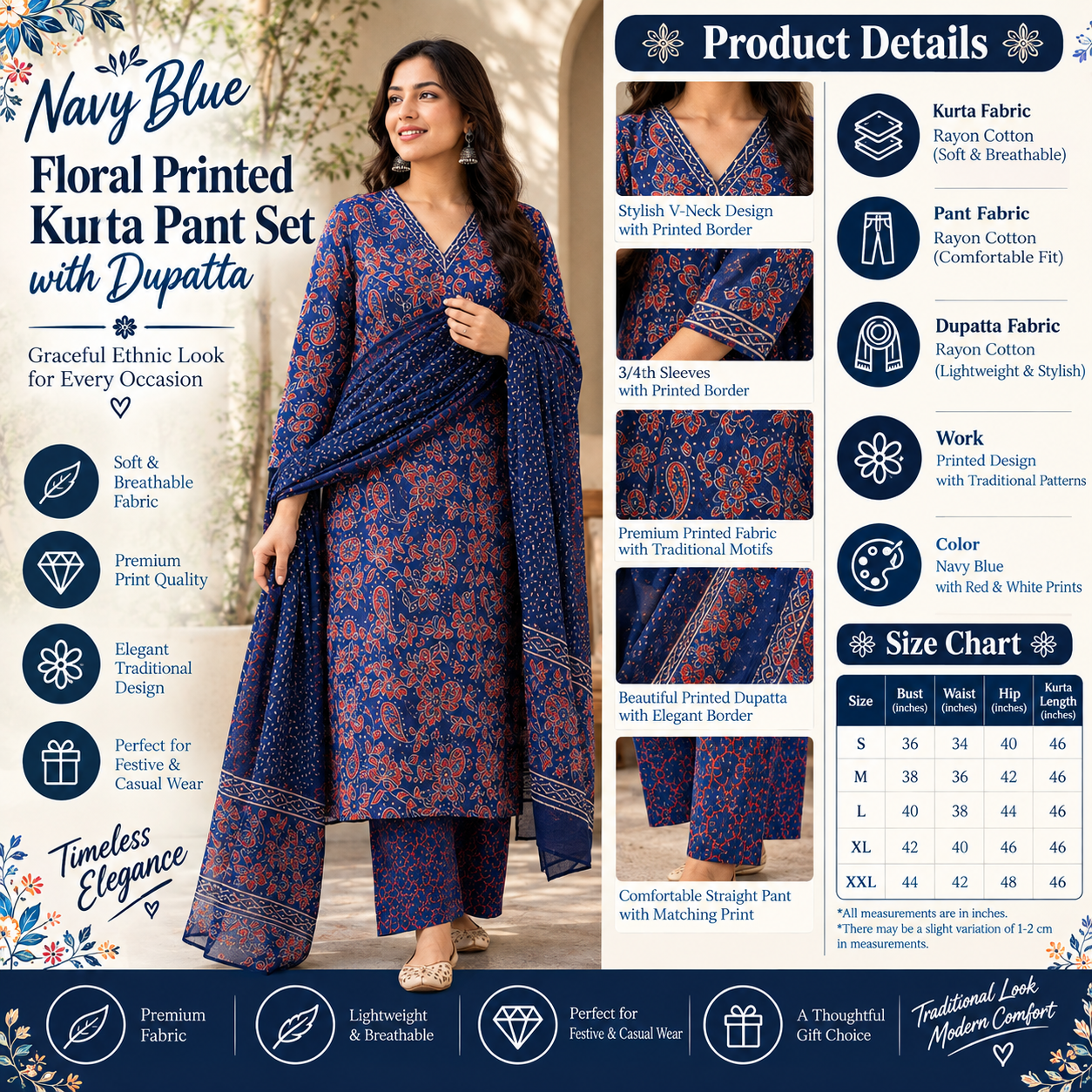 Navy Blue Floral Printed Kurta Pant Set with Dupatta