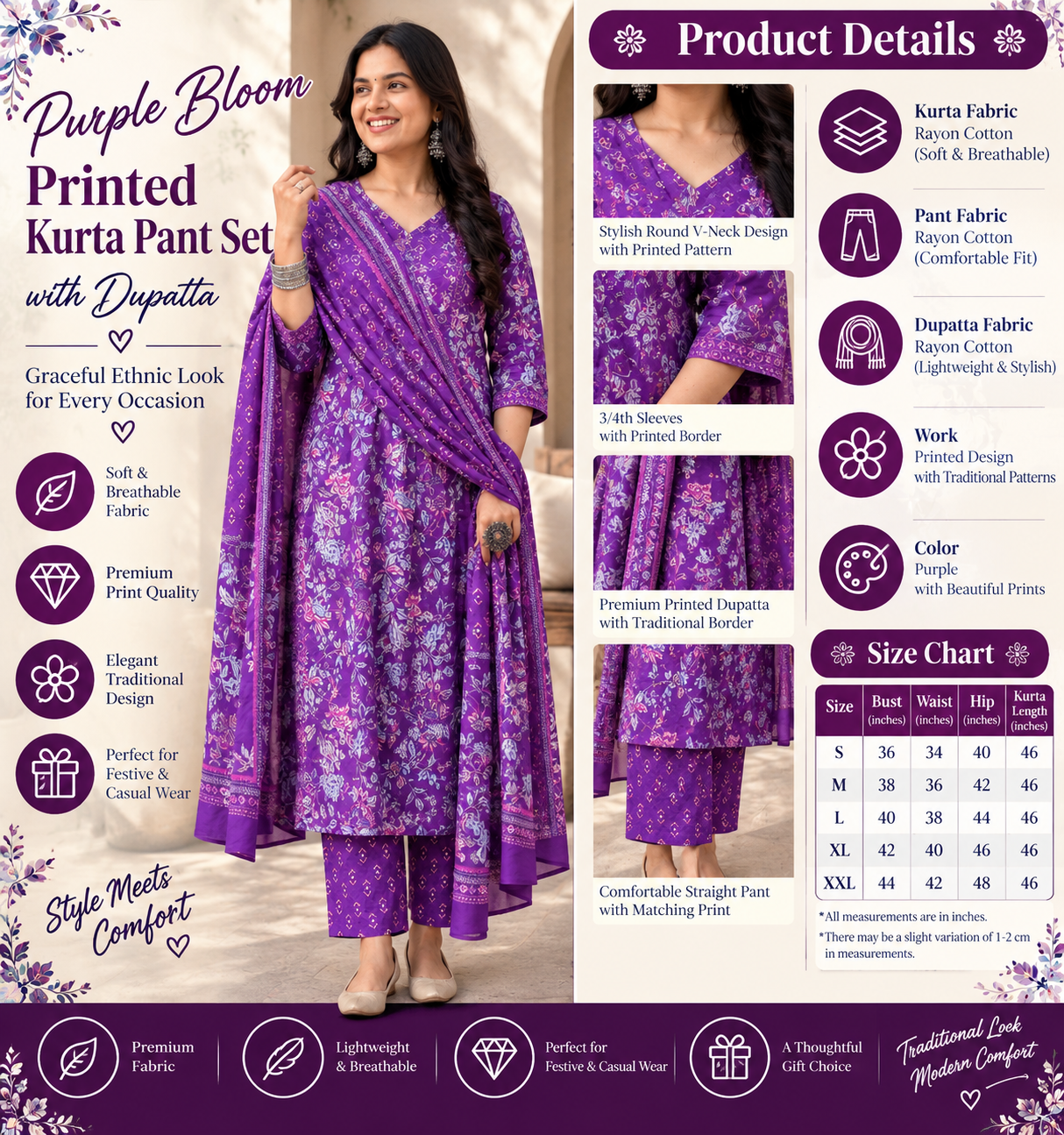 Purple Floral Printed Kurta Pant Set with Dupatta