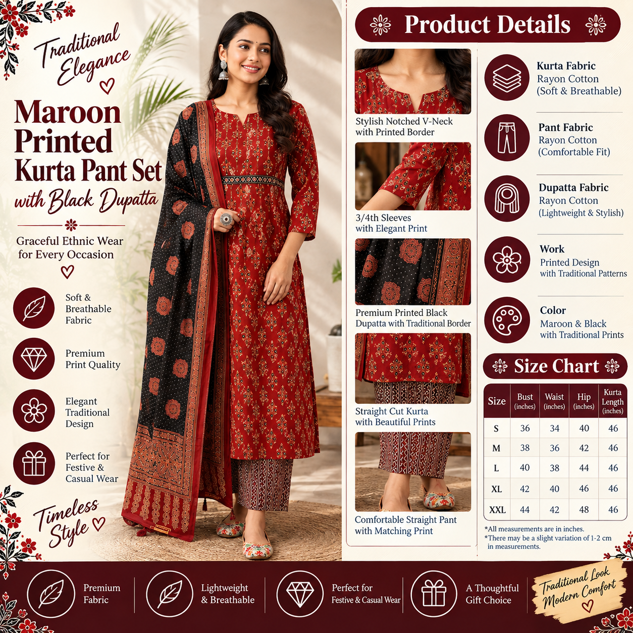 Maroon Printed Kurta Pant Set with Black Printed Dupatta