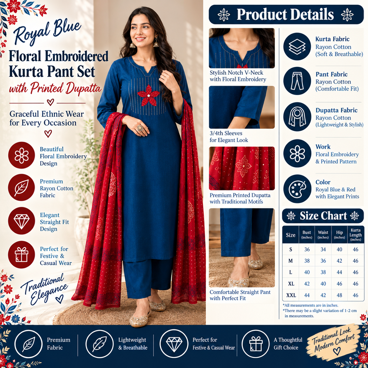 Royal Blue Floral Embroidered Kurta Pant Set with Printed Dupatta