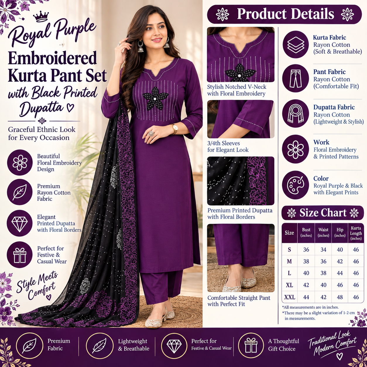 Royal Purple Embroidered Kurta Pant Set with Black Printed Dupatta