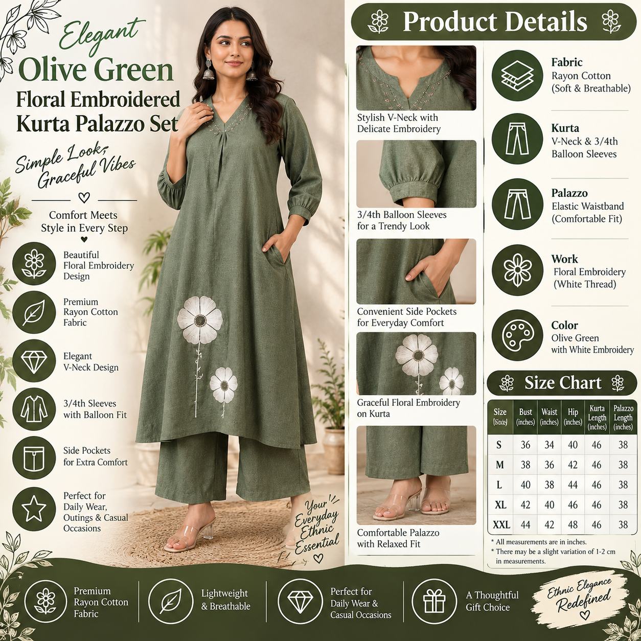 Olive Green Floral Embroidered Kurta Palazzo Set