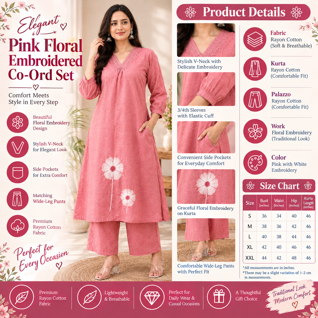 Elegant Pink Floral Embroidered Co-Ord Set