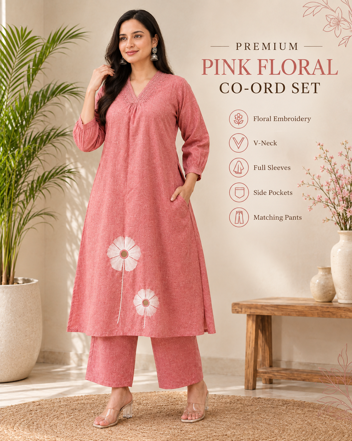 Elegant Pink Floral Embroidered Co-Ord Set