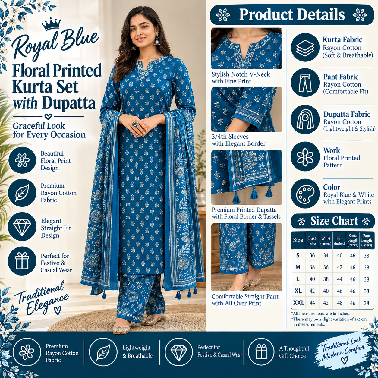 Royal Blue Floral Printed Kurta Set with Dupatta