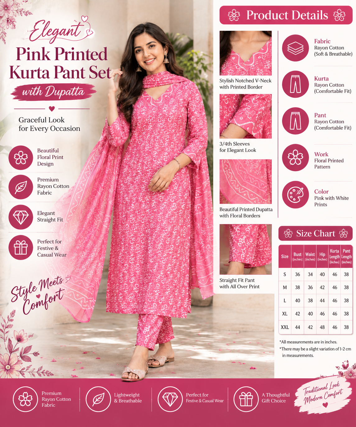 Elegant Pink Printed Kurta Pant Set with Dupatta