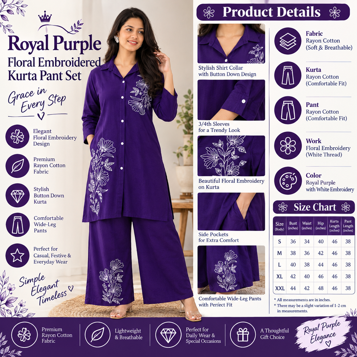 Royal Purple Floral Embroidered Kurta Pant Set