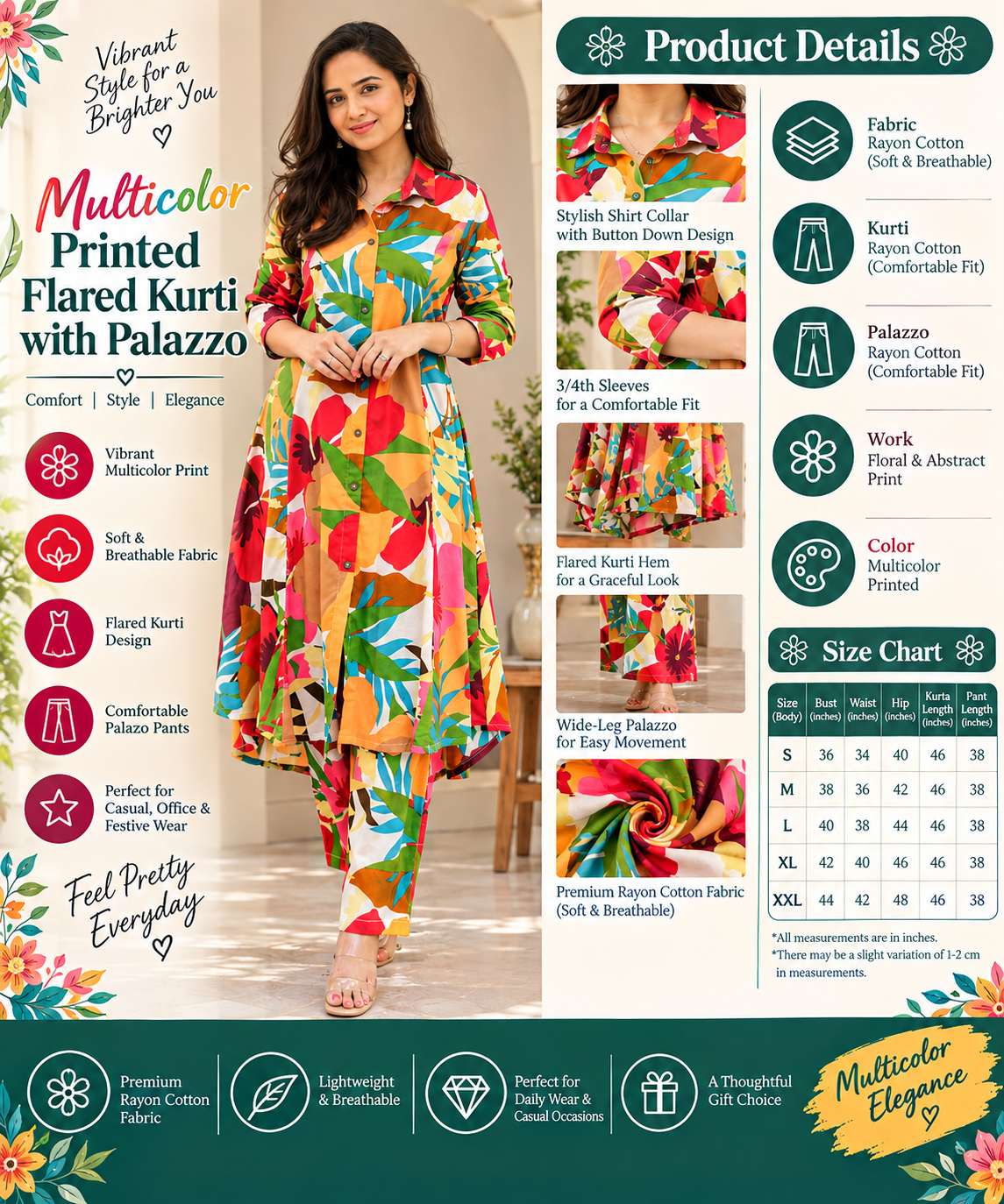 Multicolor Printed Flared Kurti with Palazzo