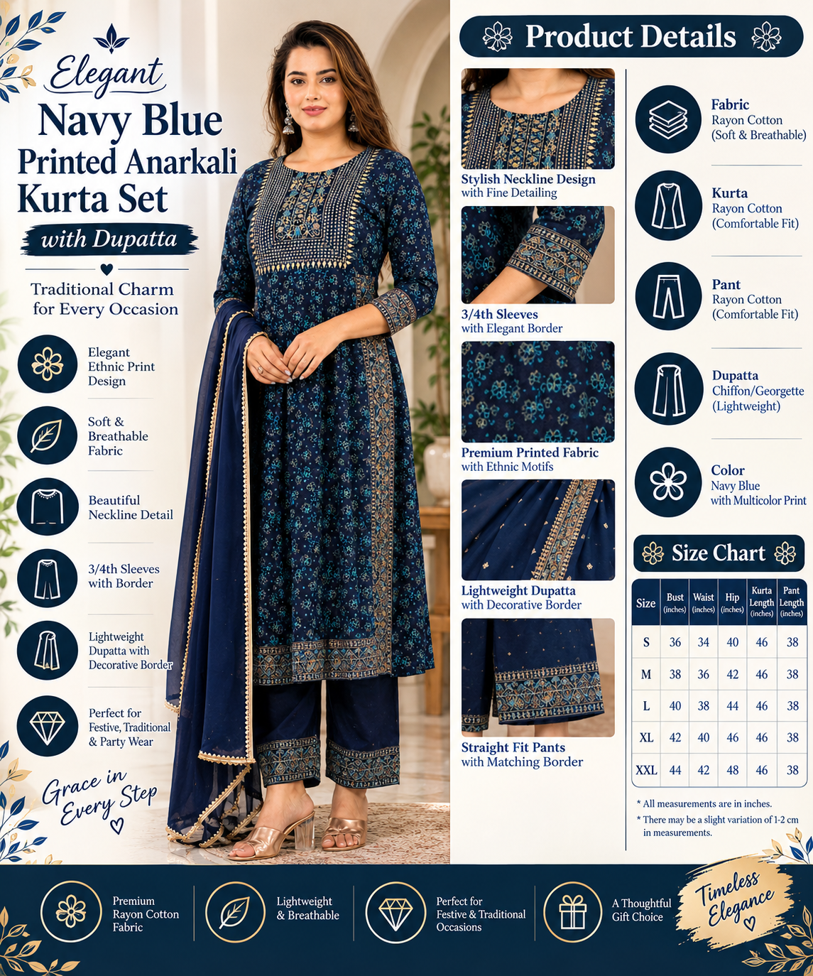 Navy Blue Printed Anarkali Kurta Set with Dupatta