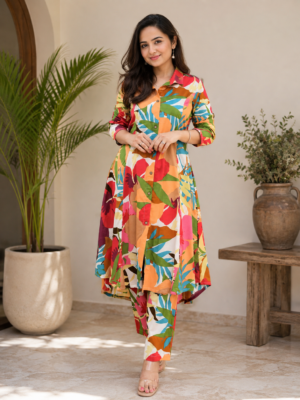Multicolor Printed Flared Kurti with Palazzo