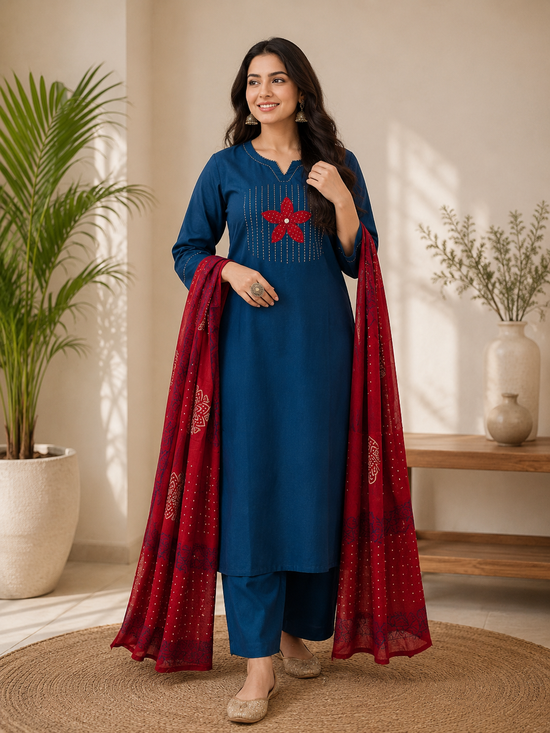 Royal Blue Floral Embroidered Kurta Pant Set with Printed Dupatta