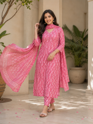 Elegant Pink Printed Kurta Pant Set with Dupatta