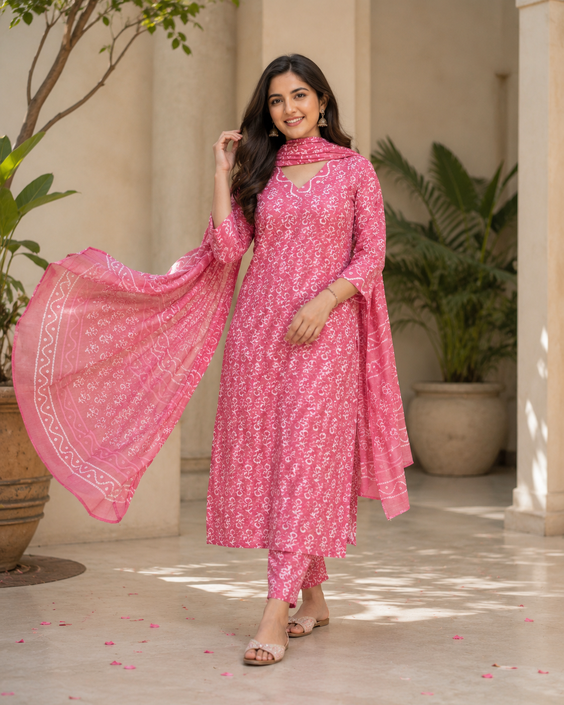 Elegant Pink Printed Kurta Pant Set with Dupatta