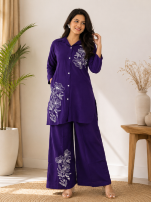 Royal Purple Floral Embroidered Kurta Pant Set