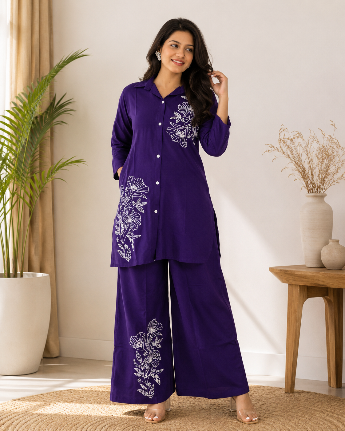 Royal Purple Floral Embroidered Kurta Pant Set