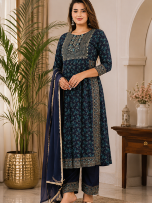 Navy Blue Printed Anarkali Kurta Set with Dupatta