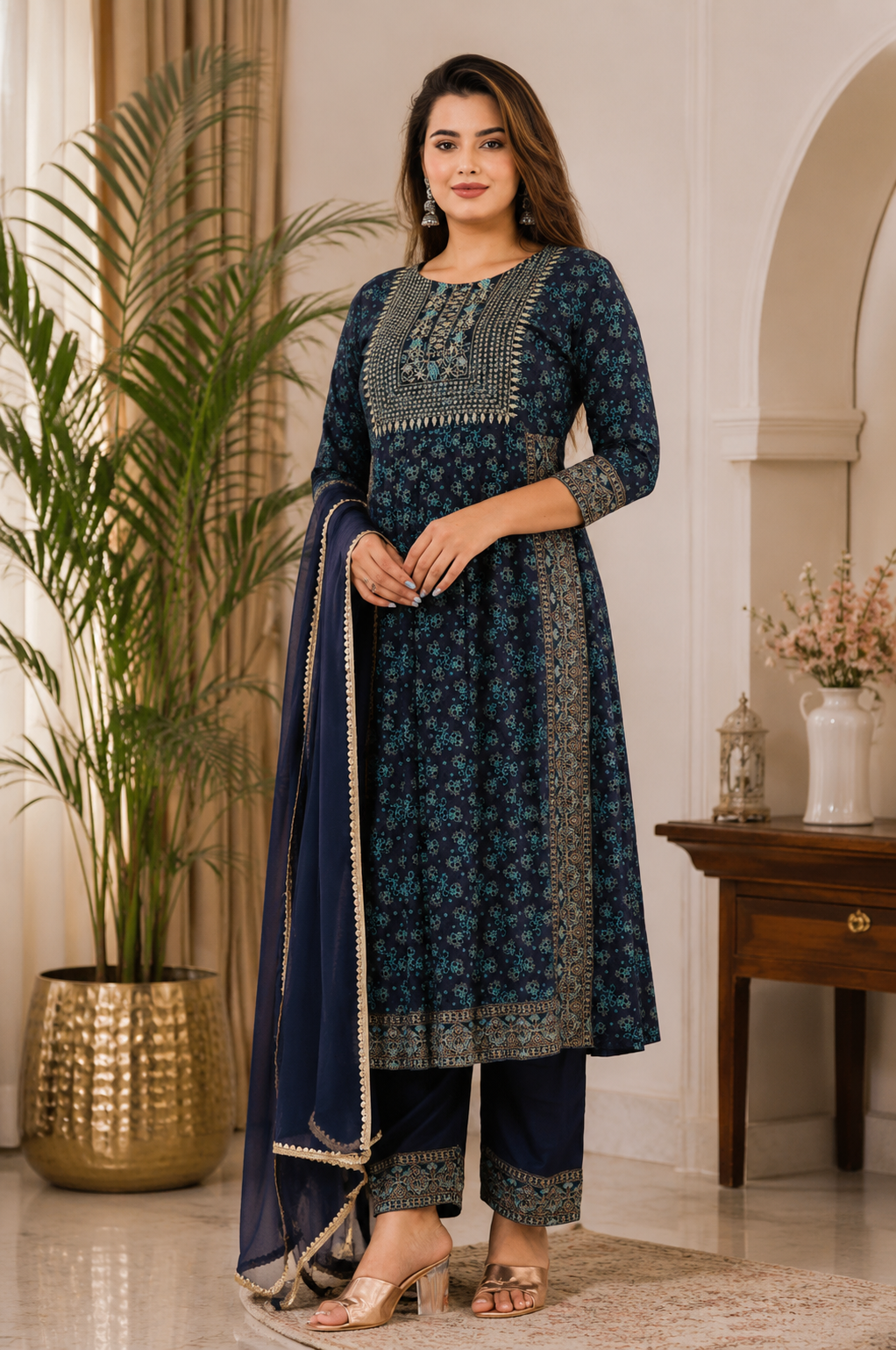 Navy Blue Printed Anarkali Kurta Set with Dupatta