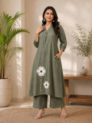 Olive Green Floral Embroidered Kurta Palazzo Set