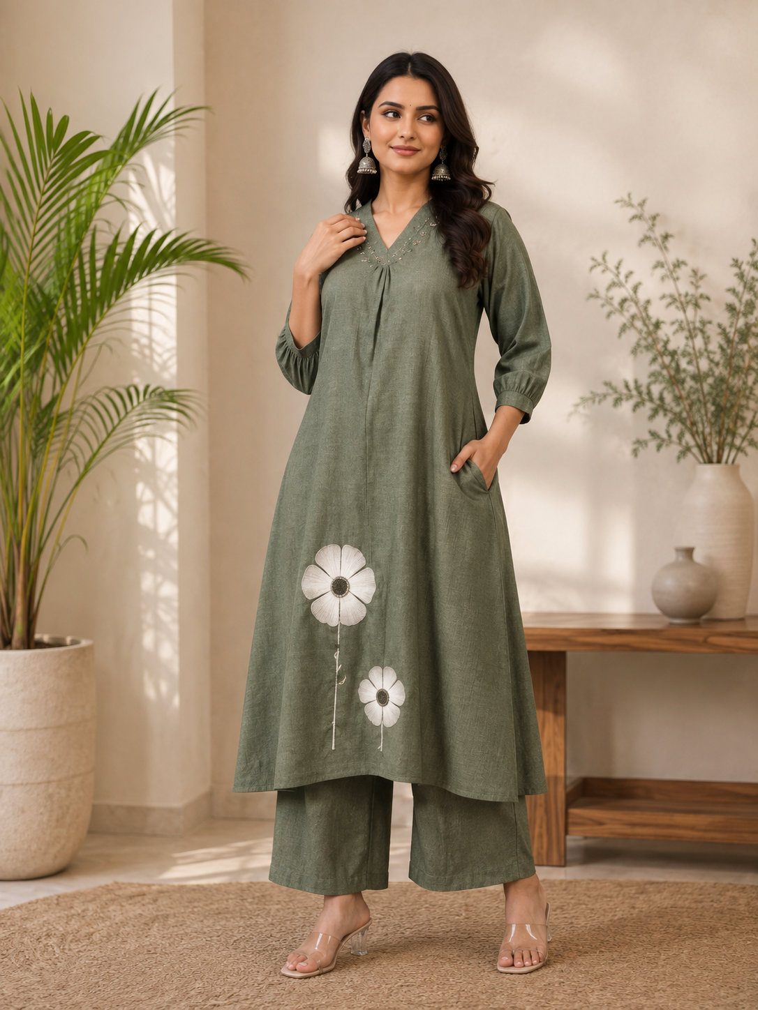 Olive Green Floral Embroidered Kurta Palazzo Set