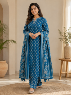 Royal Blue Floral Printed Kurta Set with Dupatta