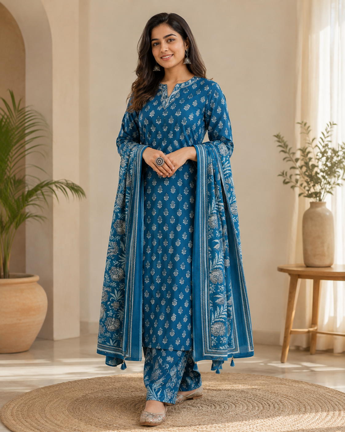 Royal Blue Floral Printed Kurta Set with Dupatta