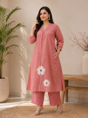 Elegant Pink Floral Embroidered Co-Ord Set