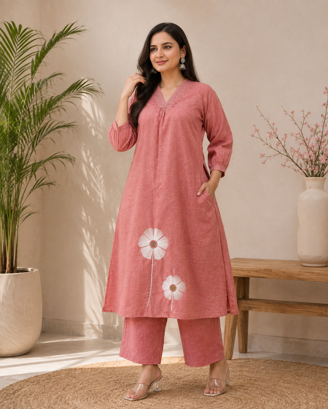 Elegant Pink Floral Embroidered Co-Ord Set