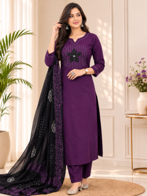 Royal Purple Embroidered Kurta Pant Set with Black Printed Dupatta