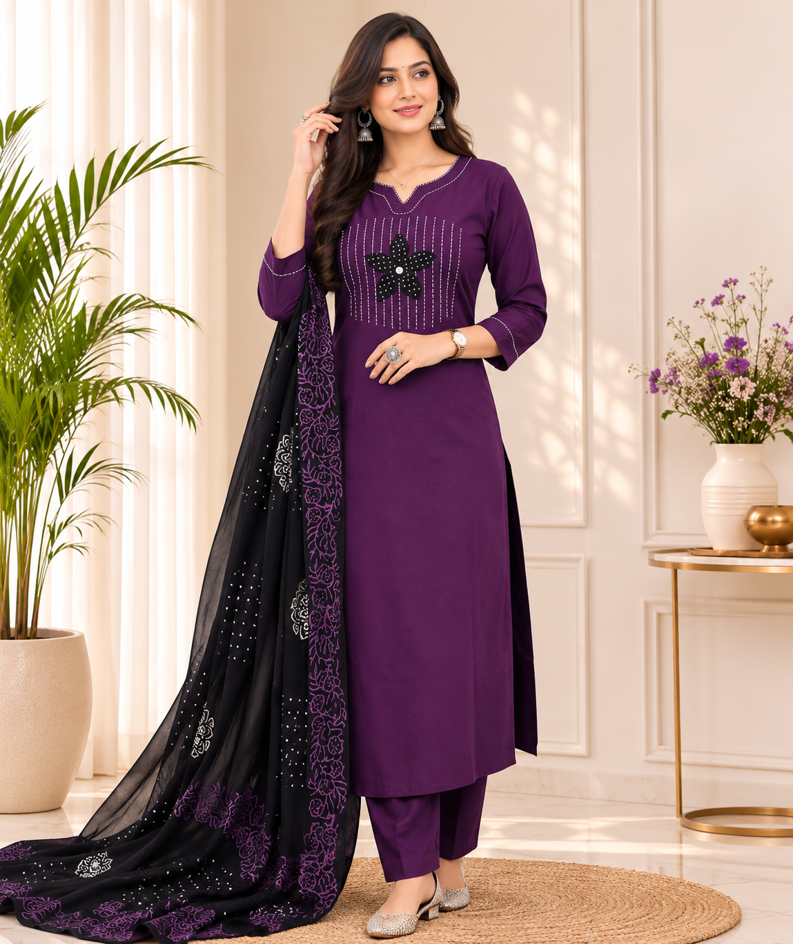 Royal Purple Embroidered Kurta Pant Set with Black Printed Dupatta