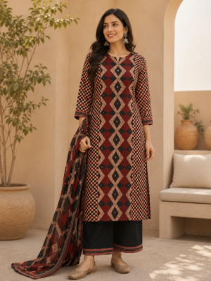 Maroon Printed Kurta Set with Black Pant & Designer Dupatta