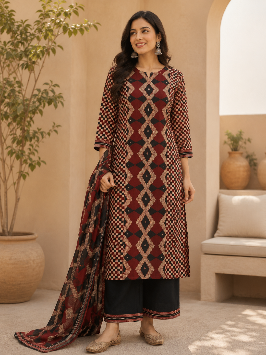 Maroon Printed Kurta Set with Black Pant & Designer Dupatta