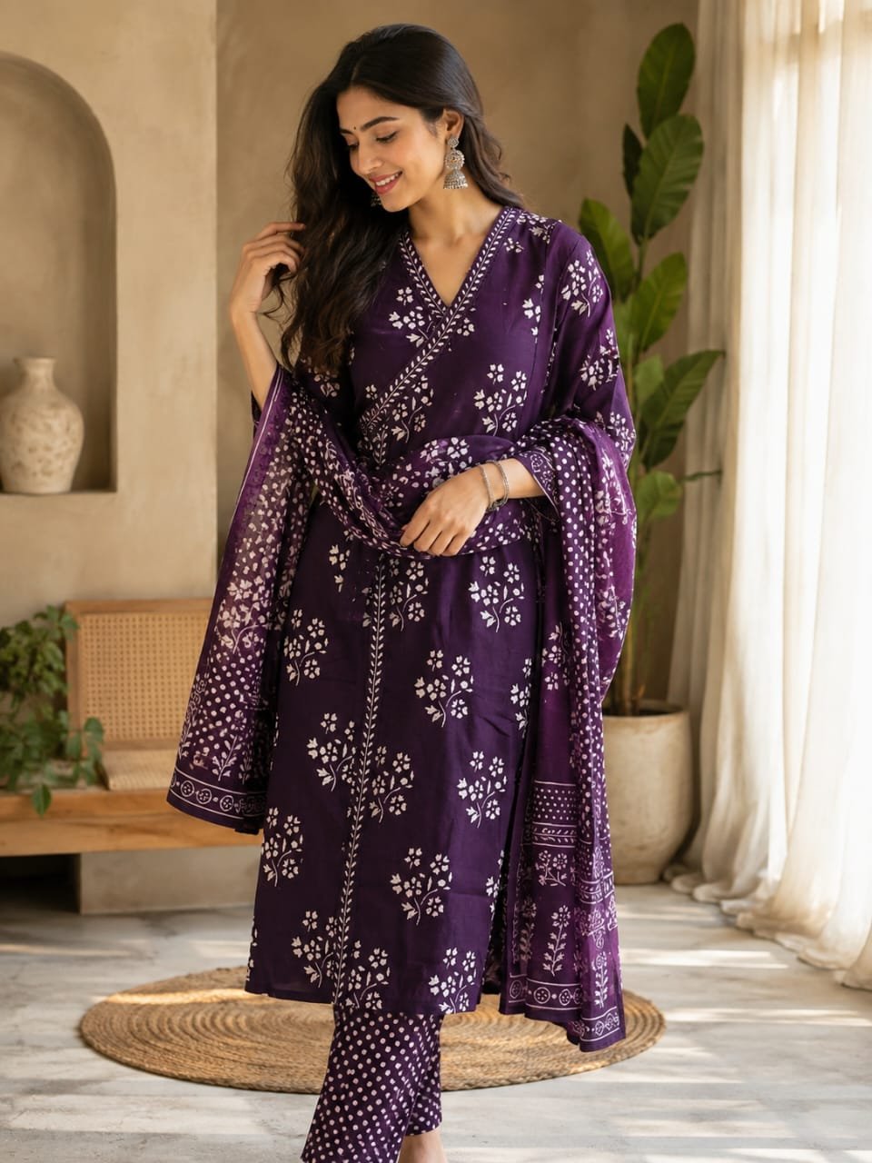 Royal Purple Printed Kurta Pant Set with Designer Dupatta