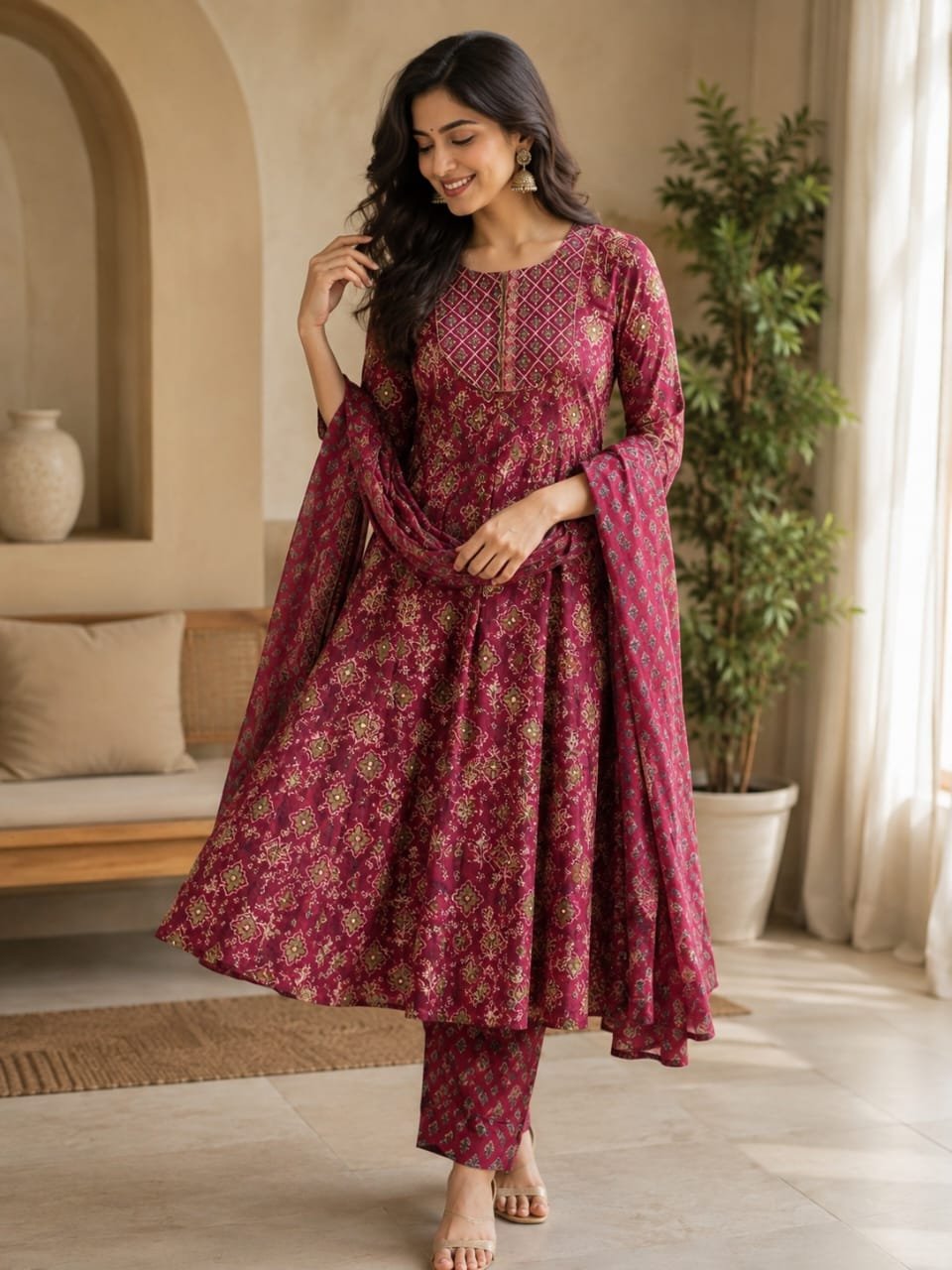 Wine Pink Printed Anarkali Kurta Pant Set with Dupatta