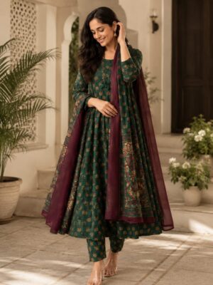Bottle Green Printed Anarkali Kurta Pant Set with Wine Dupatta