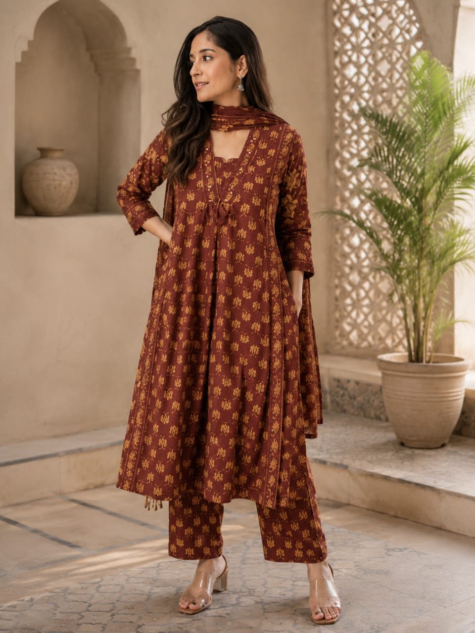 Brown Printed Anarkali Kurta Pant Set with Dupatta
