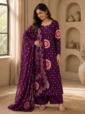 Wine Purple Printed Anarkali Kurta Palazzo Set with Dupatta