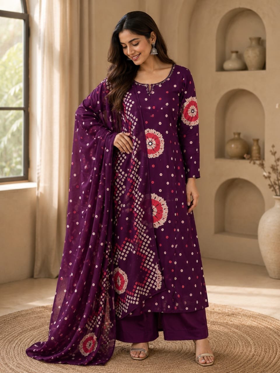 Wine Purple Printed Anarkali Kurta Palazzo Set with Dupatta