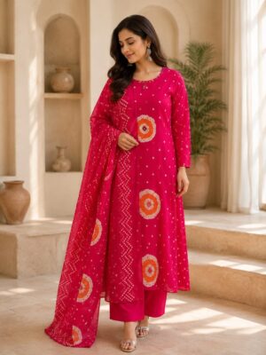 Rani Pink Printed Anarkali Kurta Pant Set with Dupatta