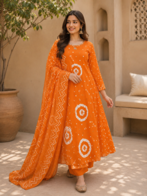 Orange Printed Anarkali Kurta Pant Set with Dupatta