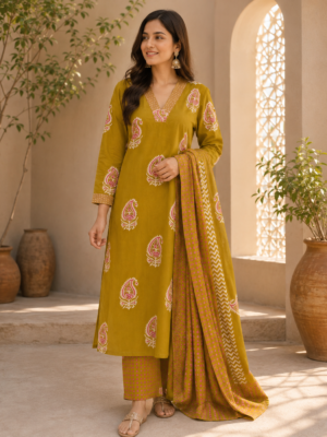 Mustard Yellow Printed Kurta Pant Set with Designer Dupatta