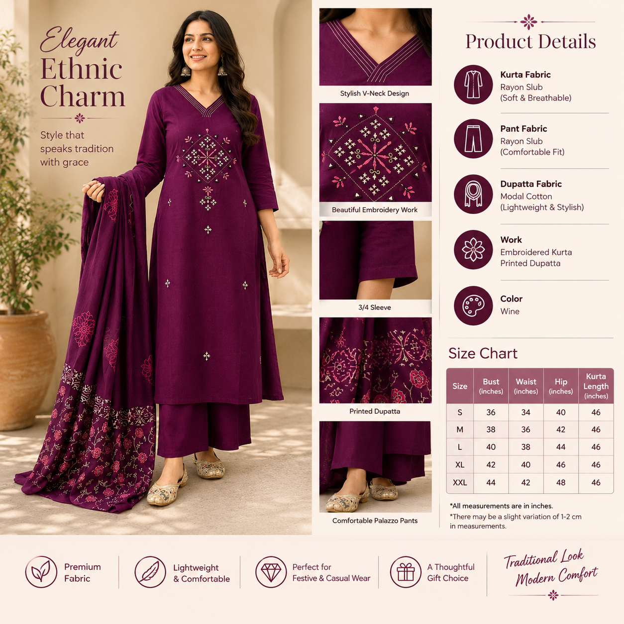 Women’s Wine Embroidered Straight Kurta Set with Printed Dupatta