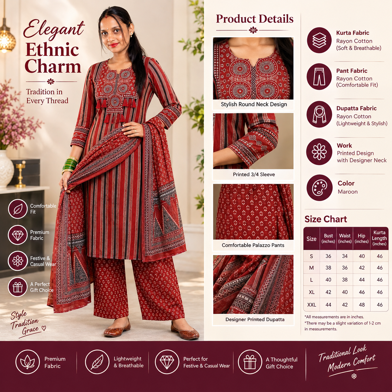 Maroon Printed Kurta Palazzo Set with Designer Dupatta