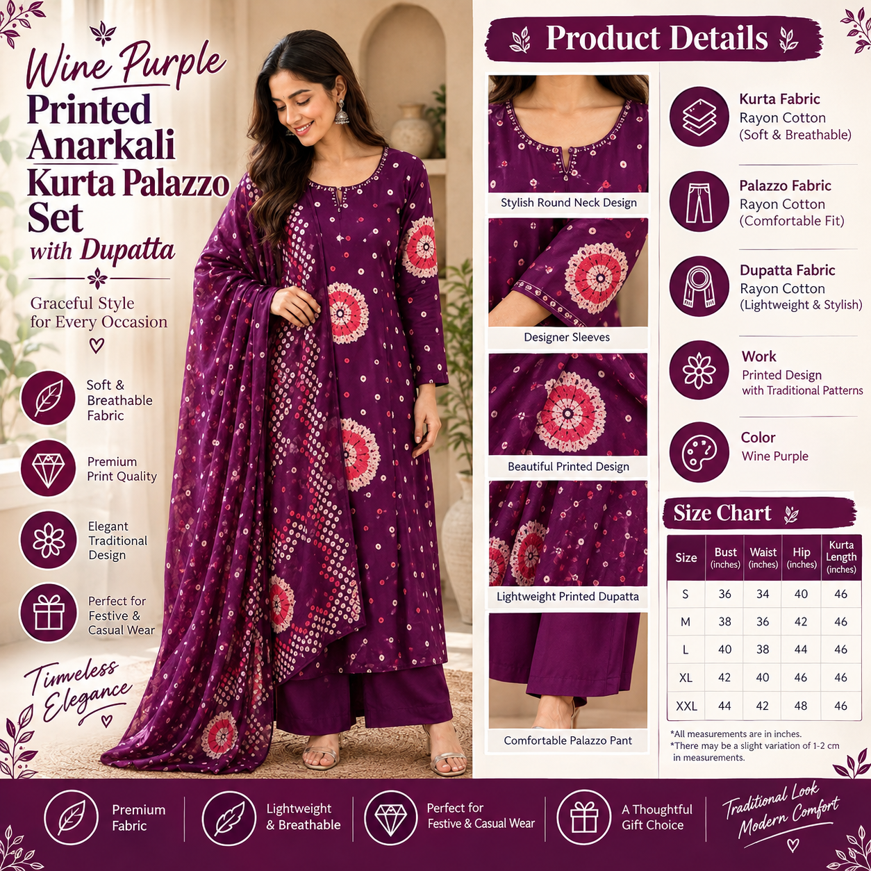 Wine Purple Printed Anarkali Kurta Palazzo Set with Dupatta