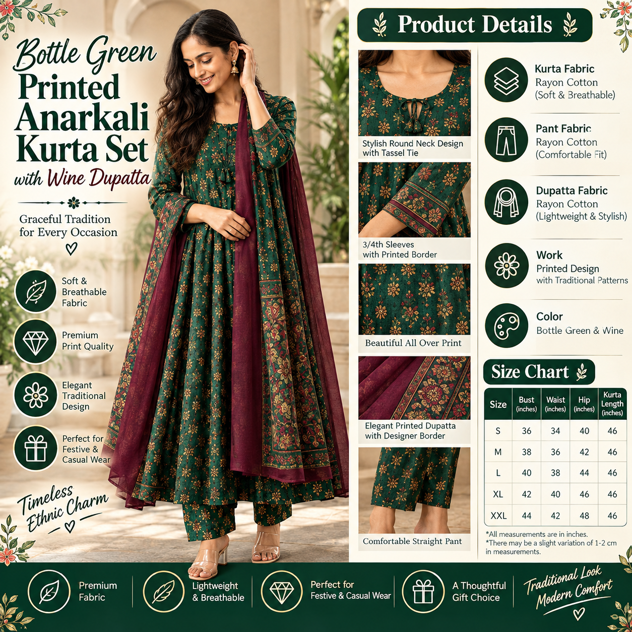 Bottle Green Printed Anarkali Kurta Pant Set with Wine Dupatta