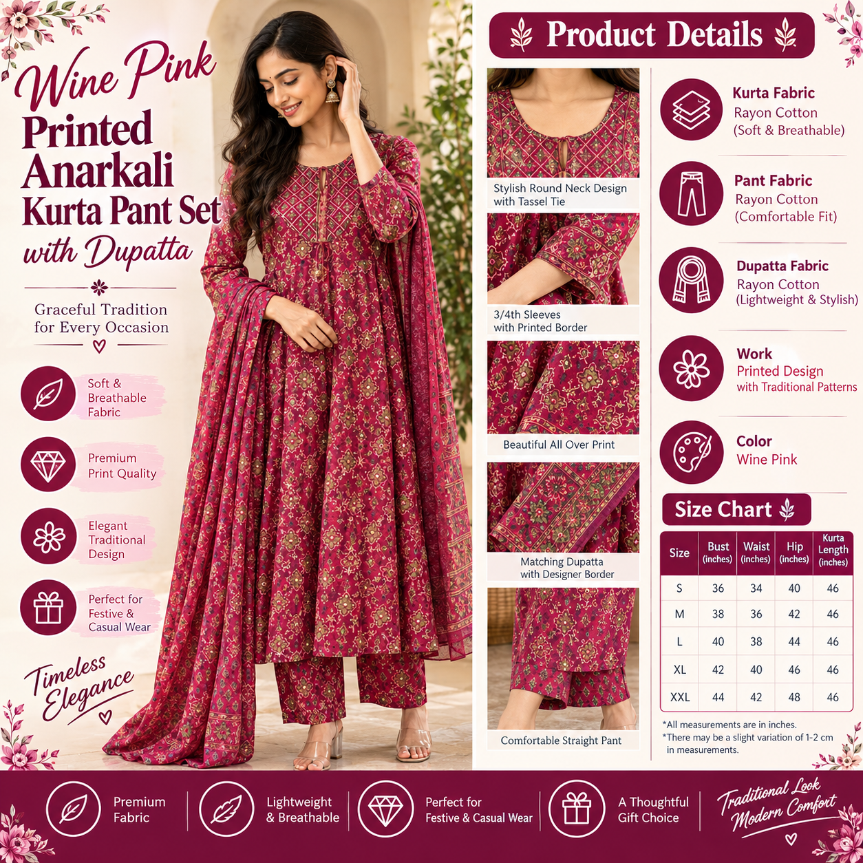 Wine Pink Printed Anarkali Kurta Pant Set with Dupatta