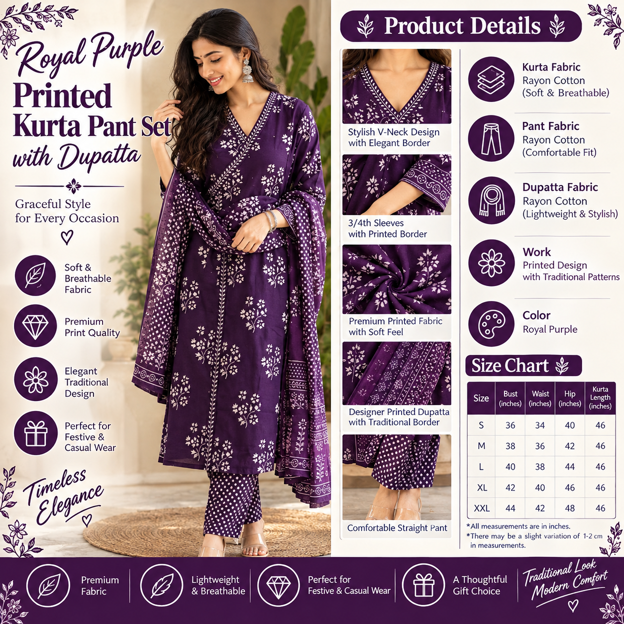 Royal Purple Printed Kurta Pant Set with Designer Dupatta