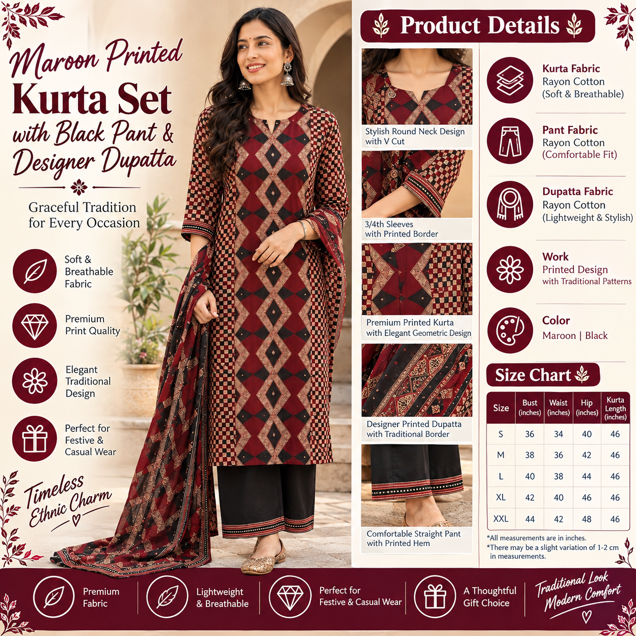 Maroon Printed Kurta Set with Black Pant & Designer Dupatta