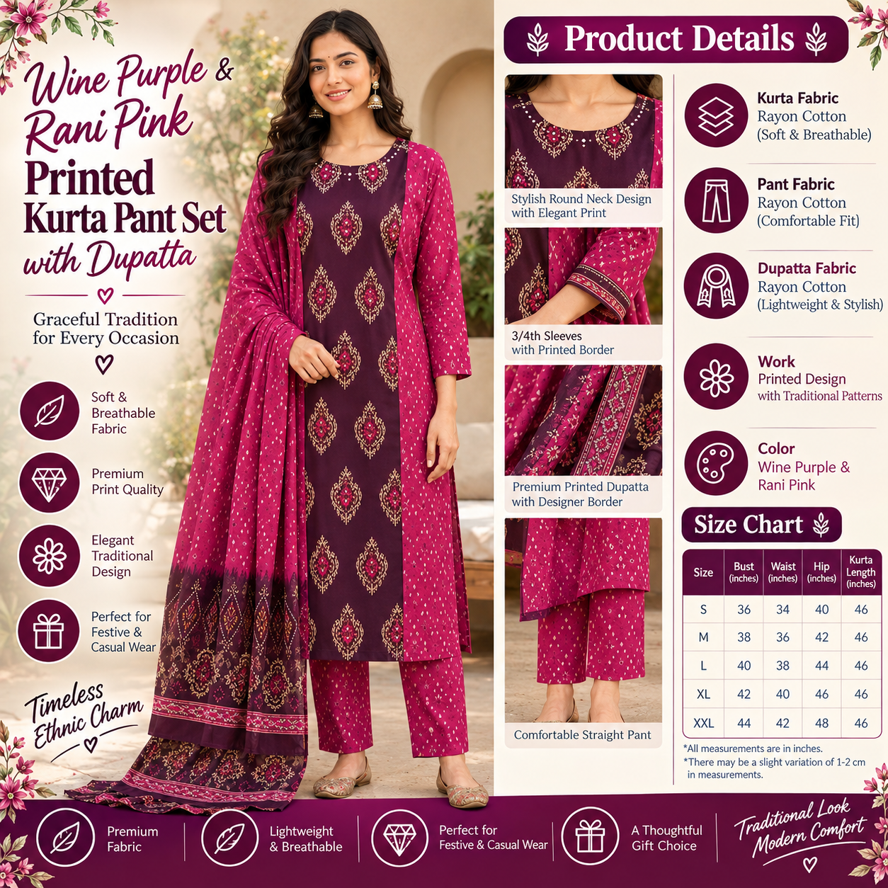 Wine Purple & Rani Pink Printed Kurta Pant Set with Dupatta